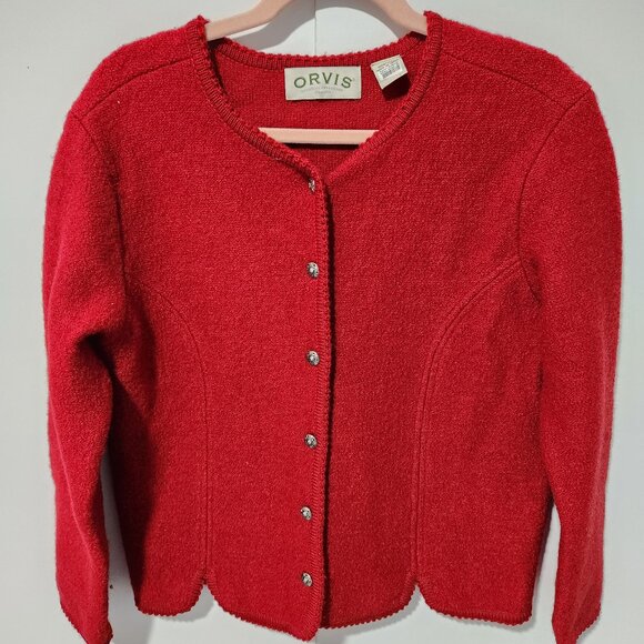 Orvis Vintage Women's Red 100% Wool Classic Sweater Jacket  Silver Buttons Small - Picture 1 of 6